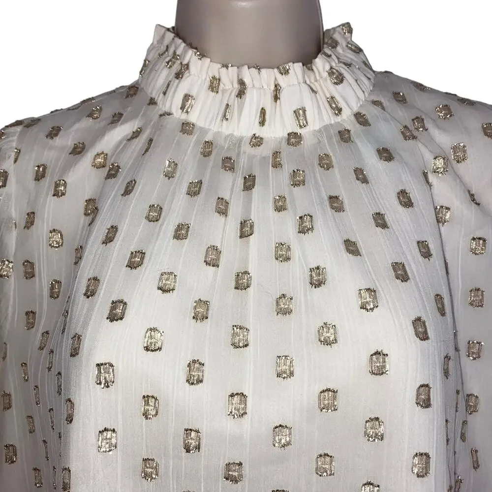 NWT Loft White and Gold Metallic Petite Ruffle Smocked Lined Sheer Blouse-Medium
